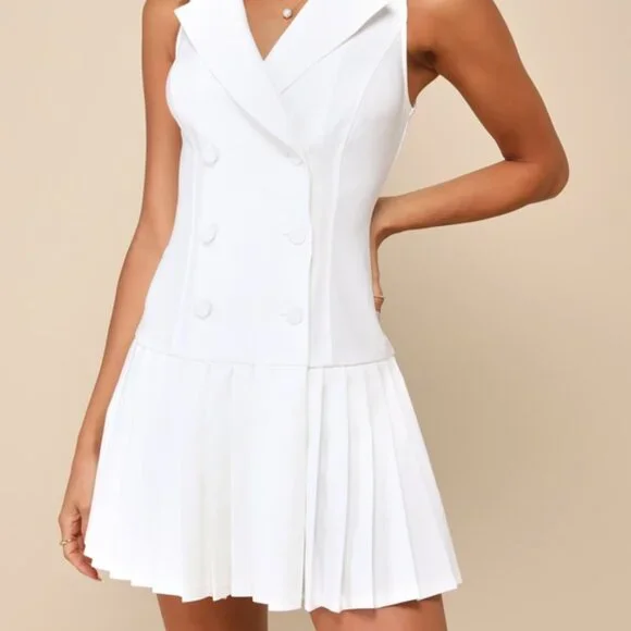 Lulus Posh Vision White Sleeveless Blazer Pleated Mini Dress - Size S - Picture 1 of 1